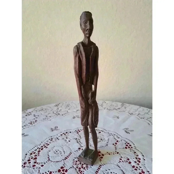 SCULPTURE Hand Carved Wooden Tall Man WITH FISH IN HAND - Picture 2 of 4